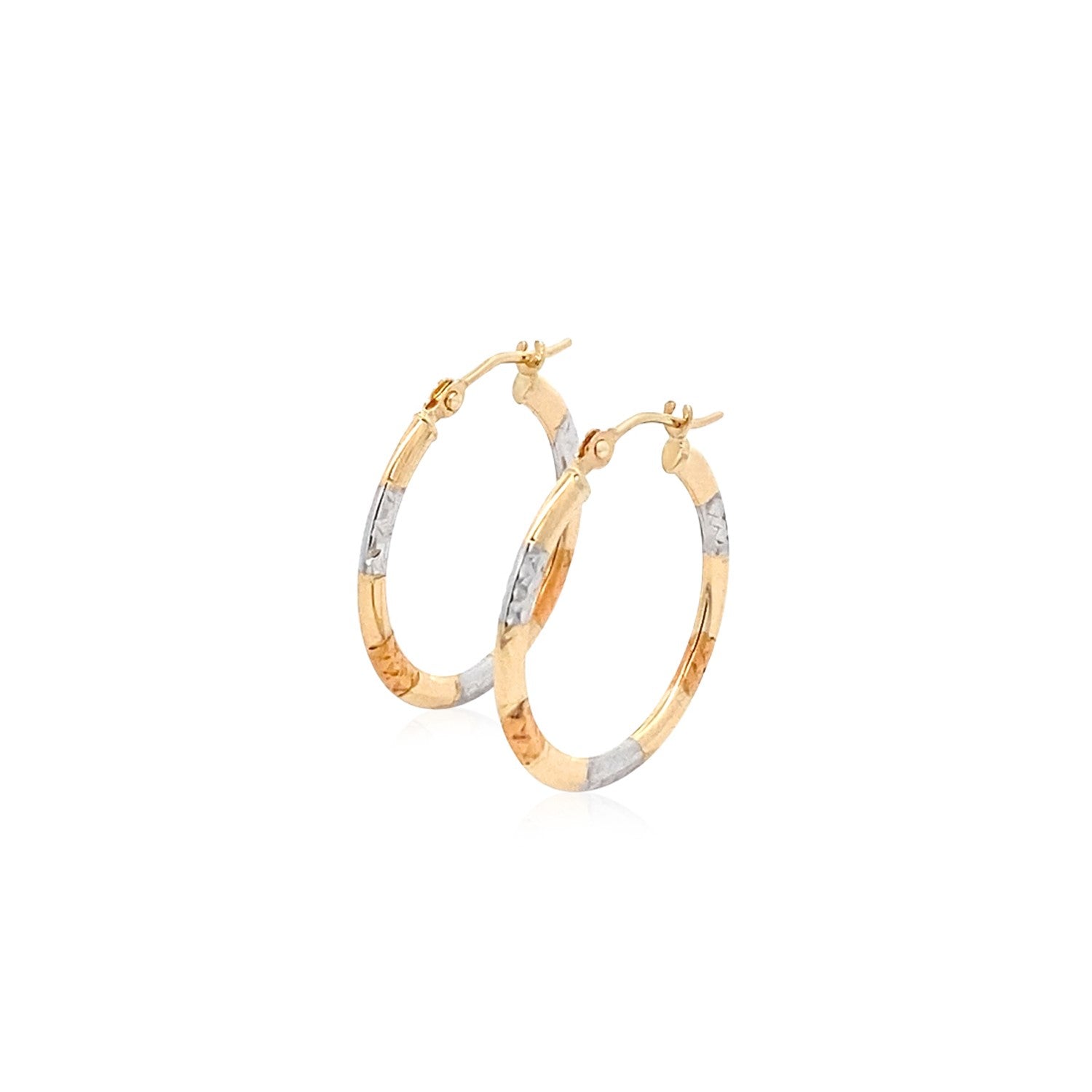 10k Tri-Color Gold Classic Hoop Earrings with Diamond Cut Details(20mm)Monde Trend