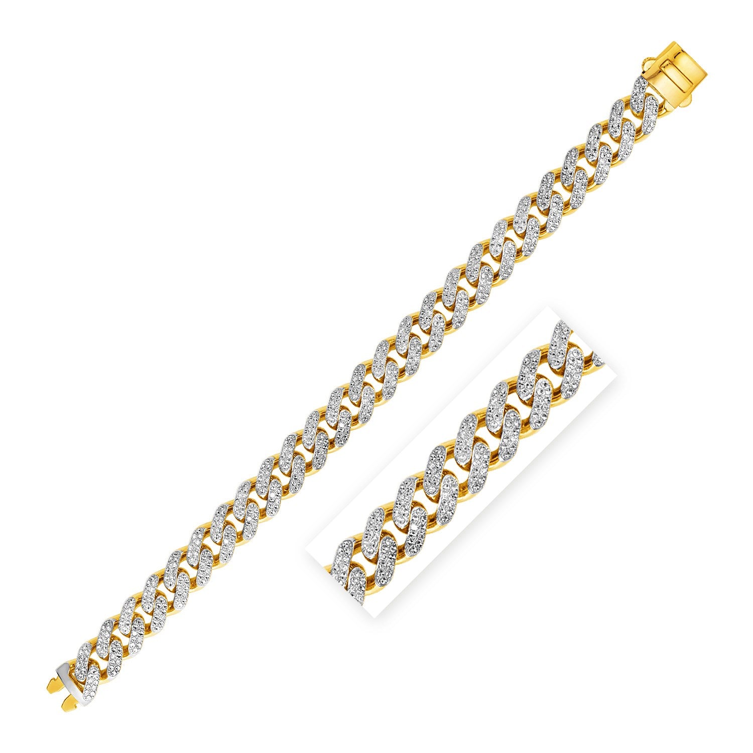 14k Two Tone Gold Curb Chain Bracelet with Diamond Pave Links (11.50 mm)Monde Trend