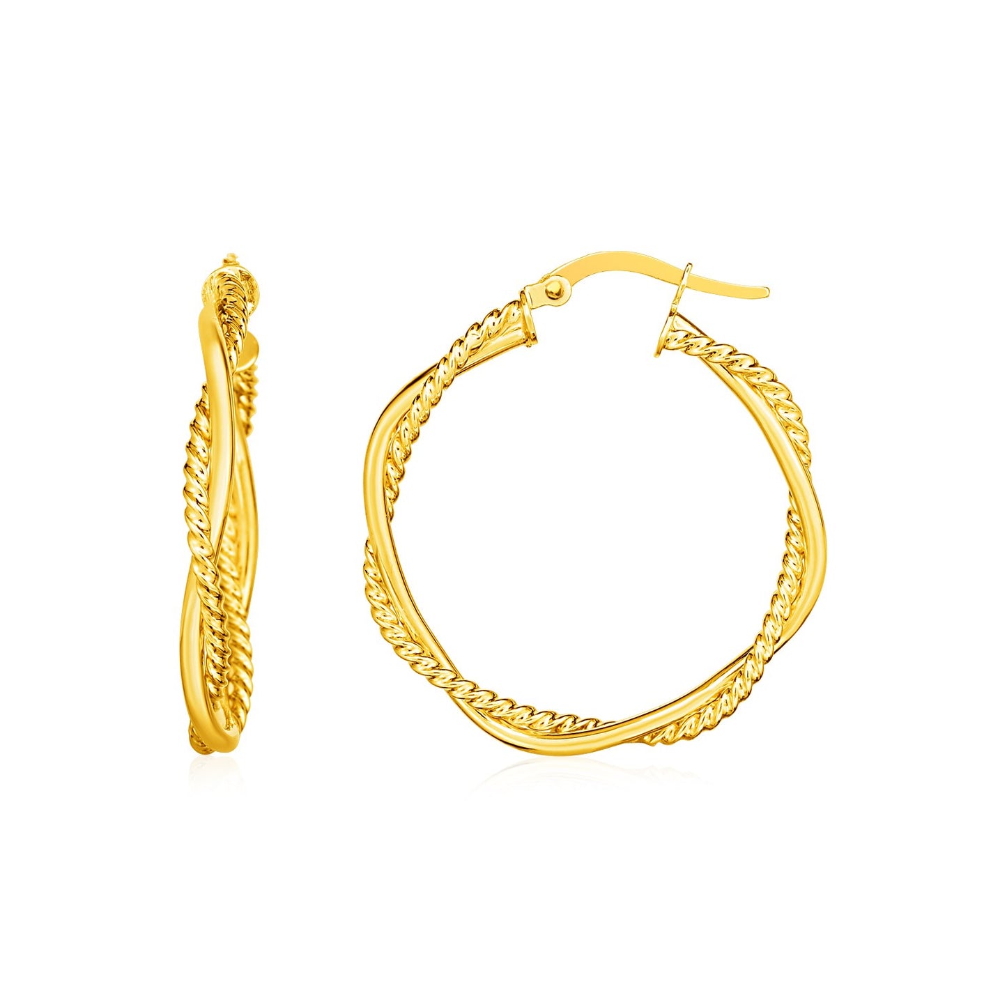 14k Yellow Gold Two Part Textured Twisted Round Hoop Earrings(3x25mm) RCJ