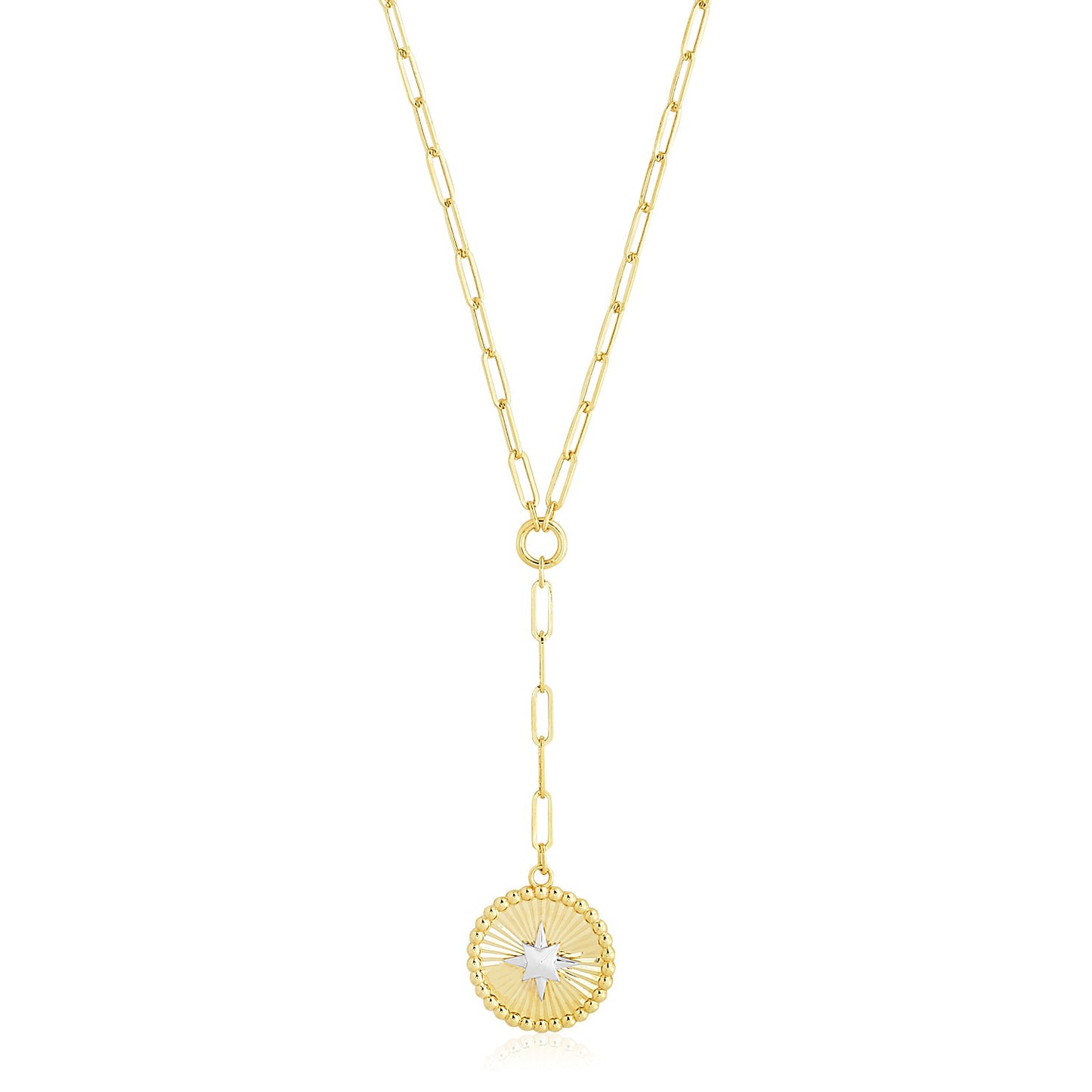 14k Yellow Gold High Polish Star Medallion Two Tone Lariat Necklace RCJ