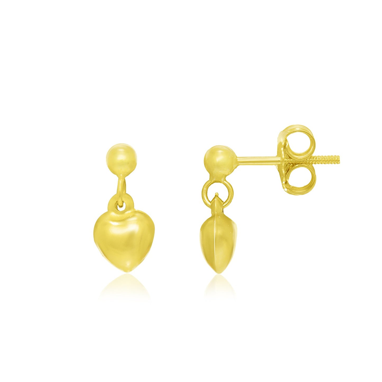 14k Yellow Gold Puffed Heart childrens Dangling Earrings RCJ