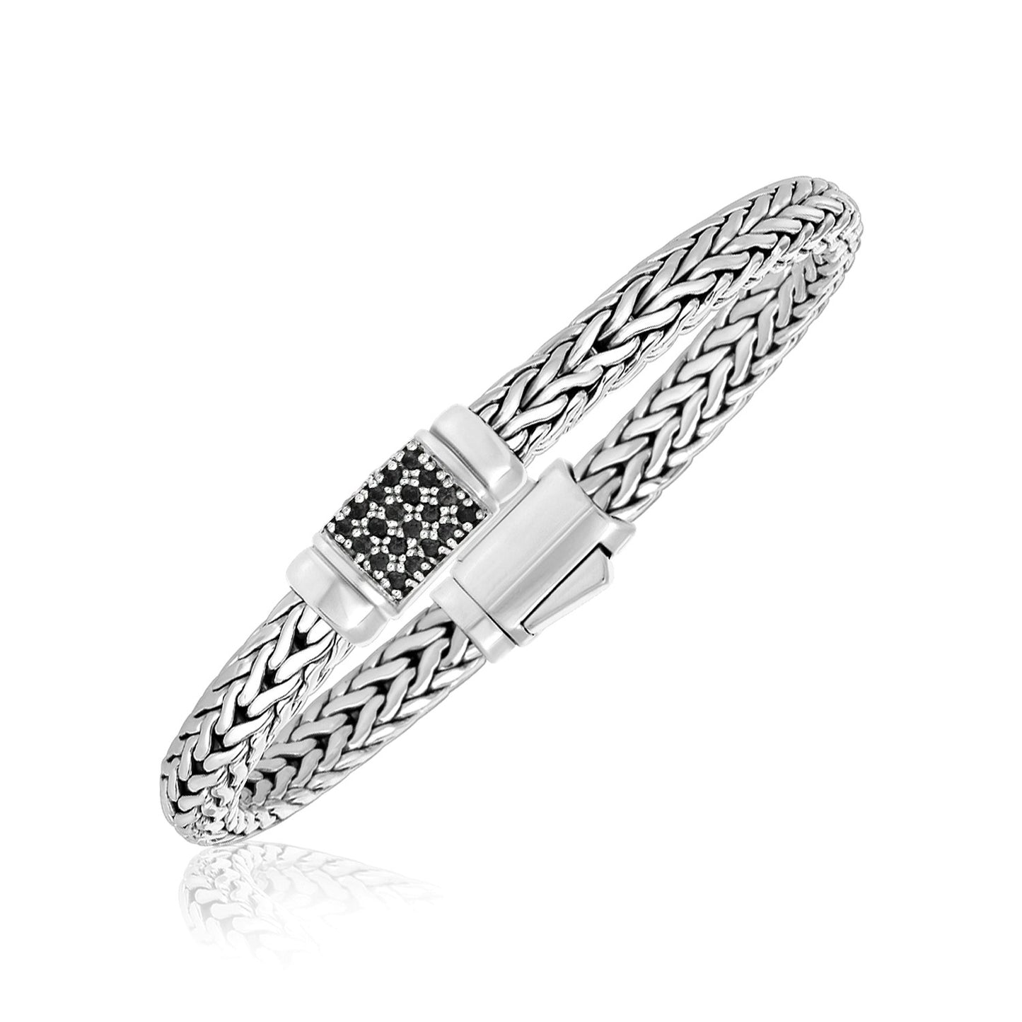 Sterling Silver Weave Style Bracelet with Black Sapphire Accents (7.10 mm) RCJ