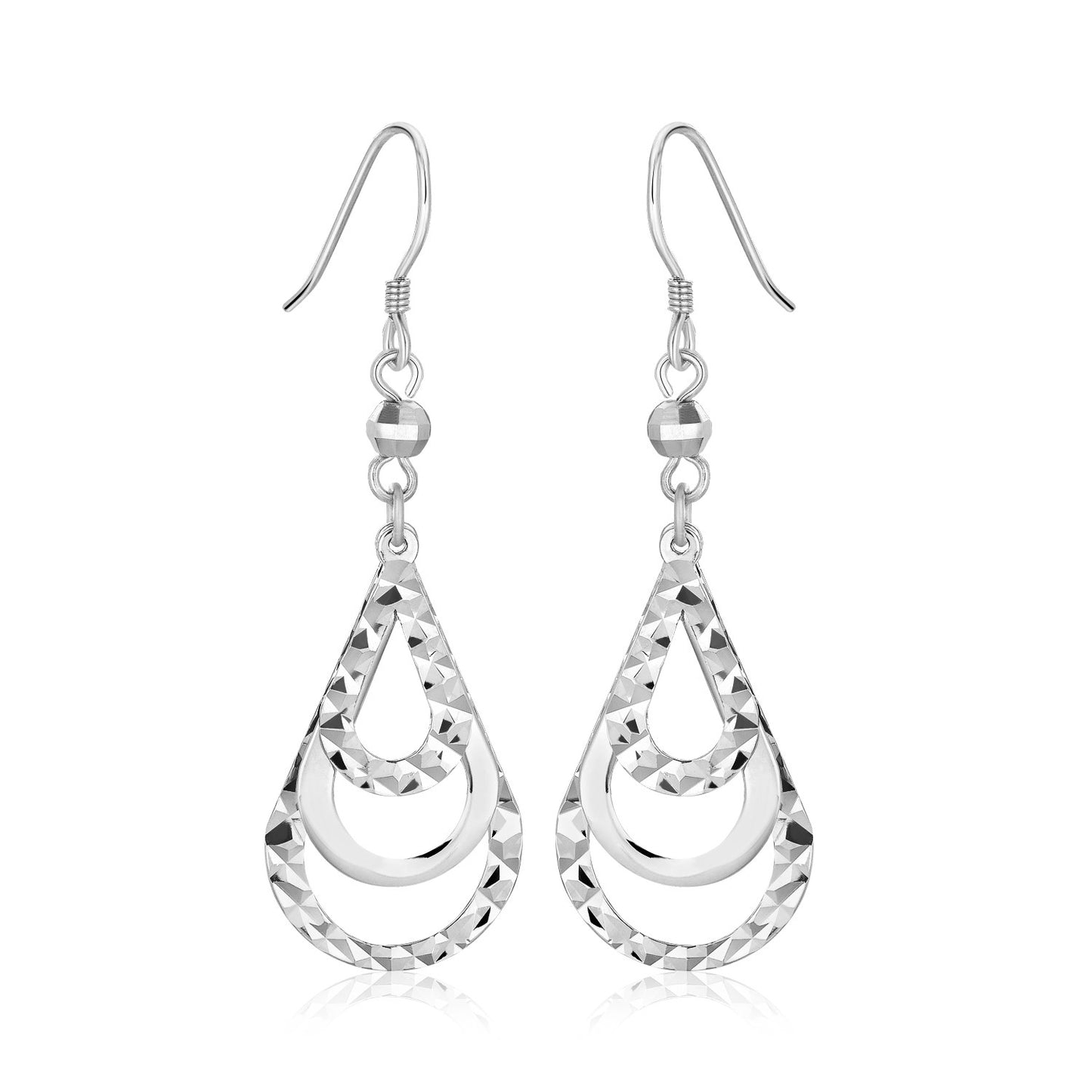 Sterling Silver Textured Graduated Open Teardrop Dangling Style Earrings RCJ