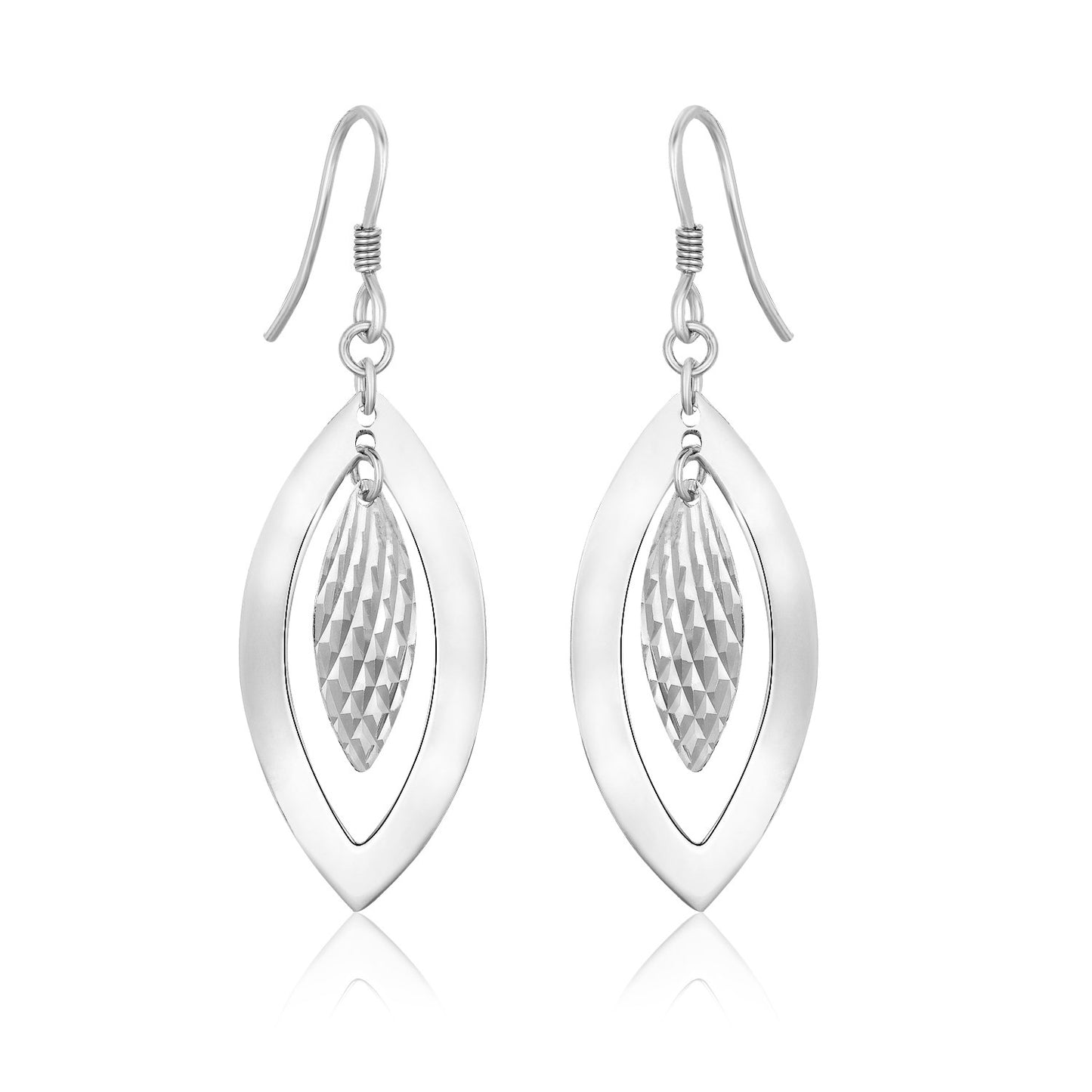 Sterling Silver Dangling Earrings with Dual Open and Textured Marquis Shapes RCJ