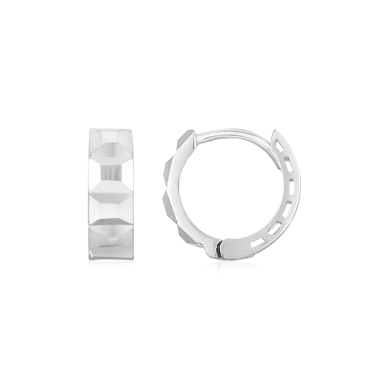 14K White Gold Square Motif Faceted Huggie Earrings RCJ