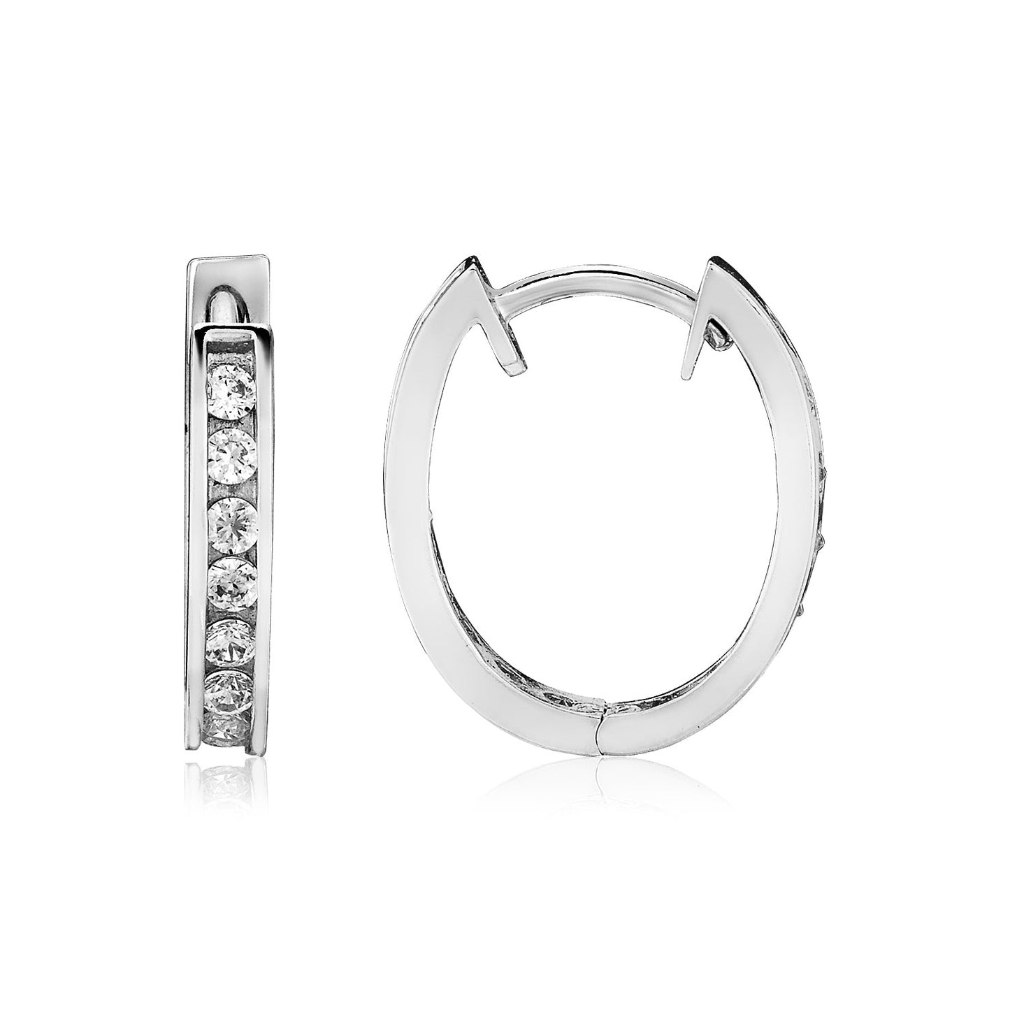 Sterling Silver Oval Hoop Earrings with Cubic Zirconias(3x15mm) RCJ