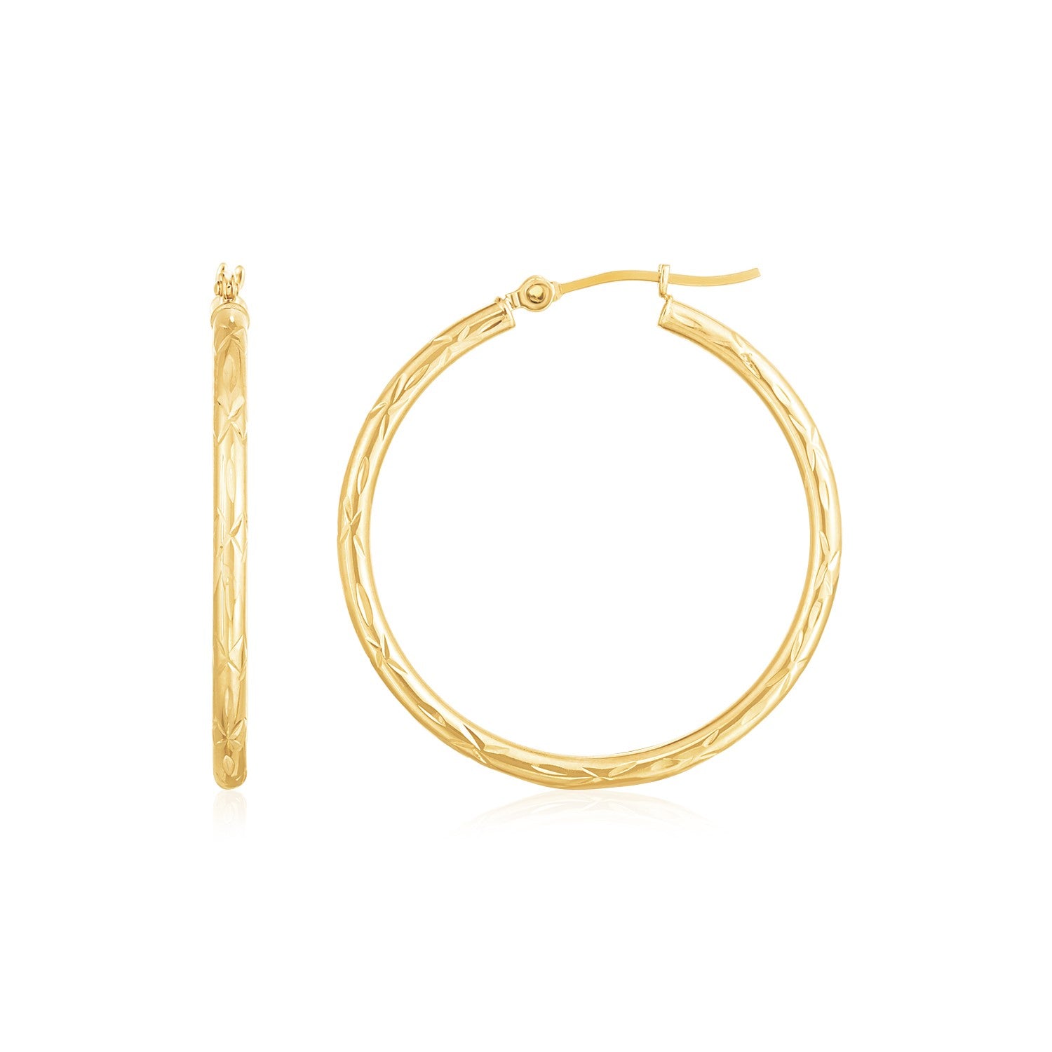 14K Yellow Gold Diamond Cut Hoop Earrings(2x30mm) RCJ