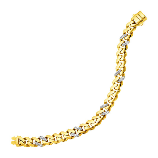 14k Yellow Gold Polished Curb Chain Bracelet with Diamonds (9.50 mm) RCJ