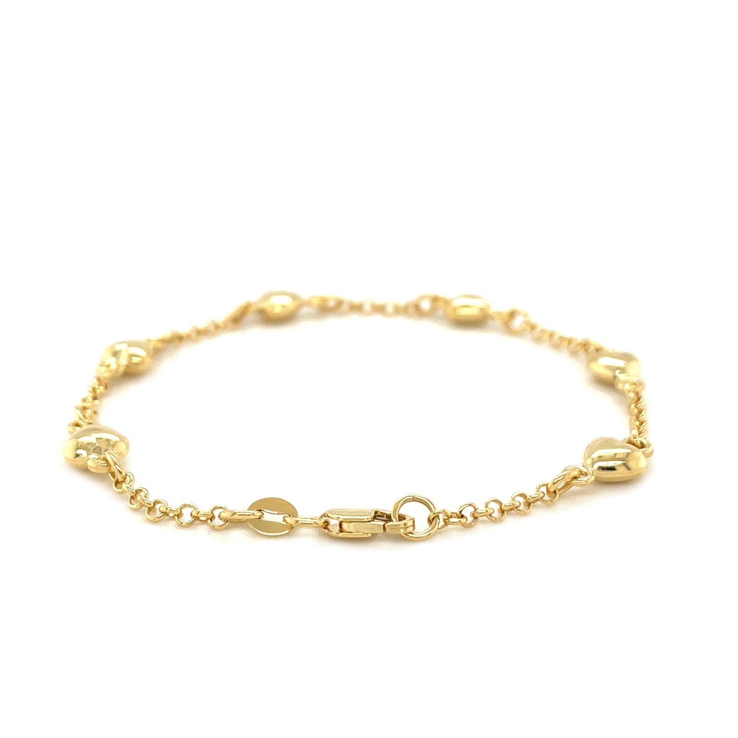 14k Yellow Gold Rolo Chain Bracelet with Puffed Heart Stations (3.30 mm) RCJ