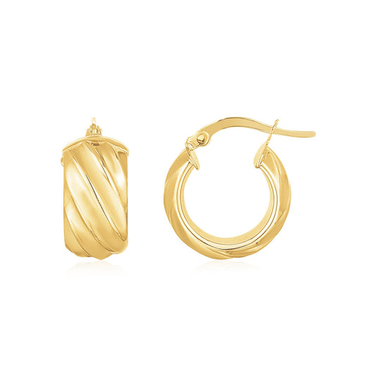 14K Yellow Gold Ribbed Hoop Earrings Wide RCJ