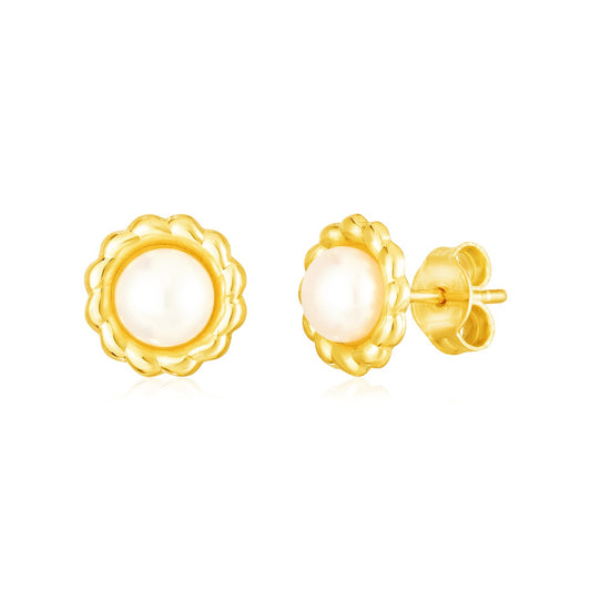 14k Yellow Gold Flower Stud Earrings with Pearls RCJ