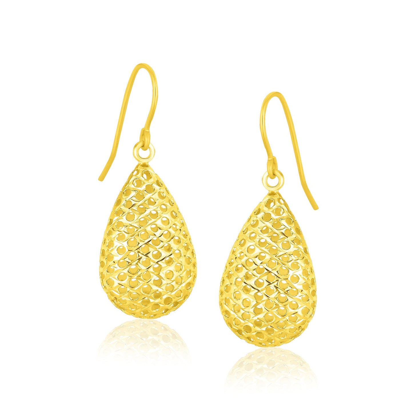 14k Yellow Gold Honeycomb Texture Large Teardrop Drop Earrings RCJ