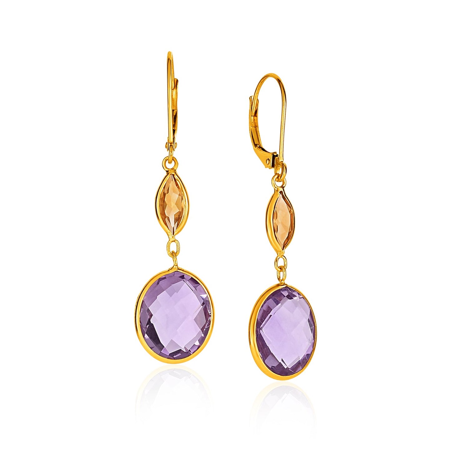 14k Yellow Gold Drop Earrings with Citrine and Amethyst Briolettes RCJ