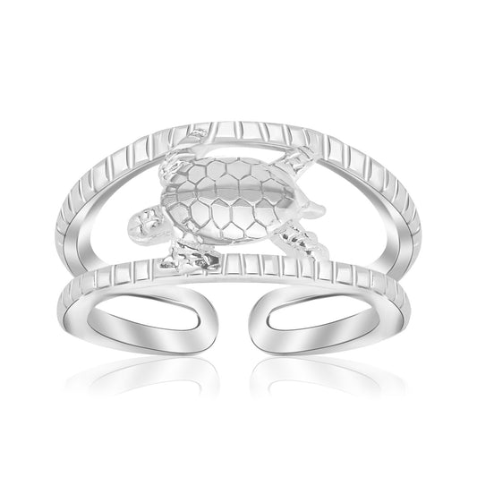 Sterling Silver Rhodium Plated Open Toe Ring with a Turtle Accent RCJ