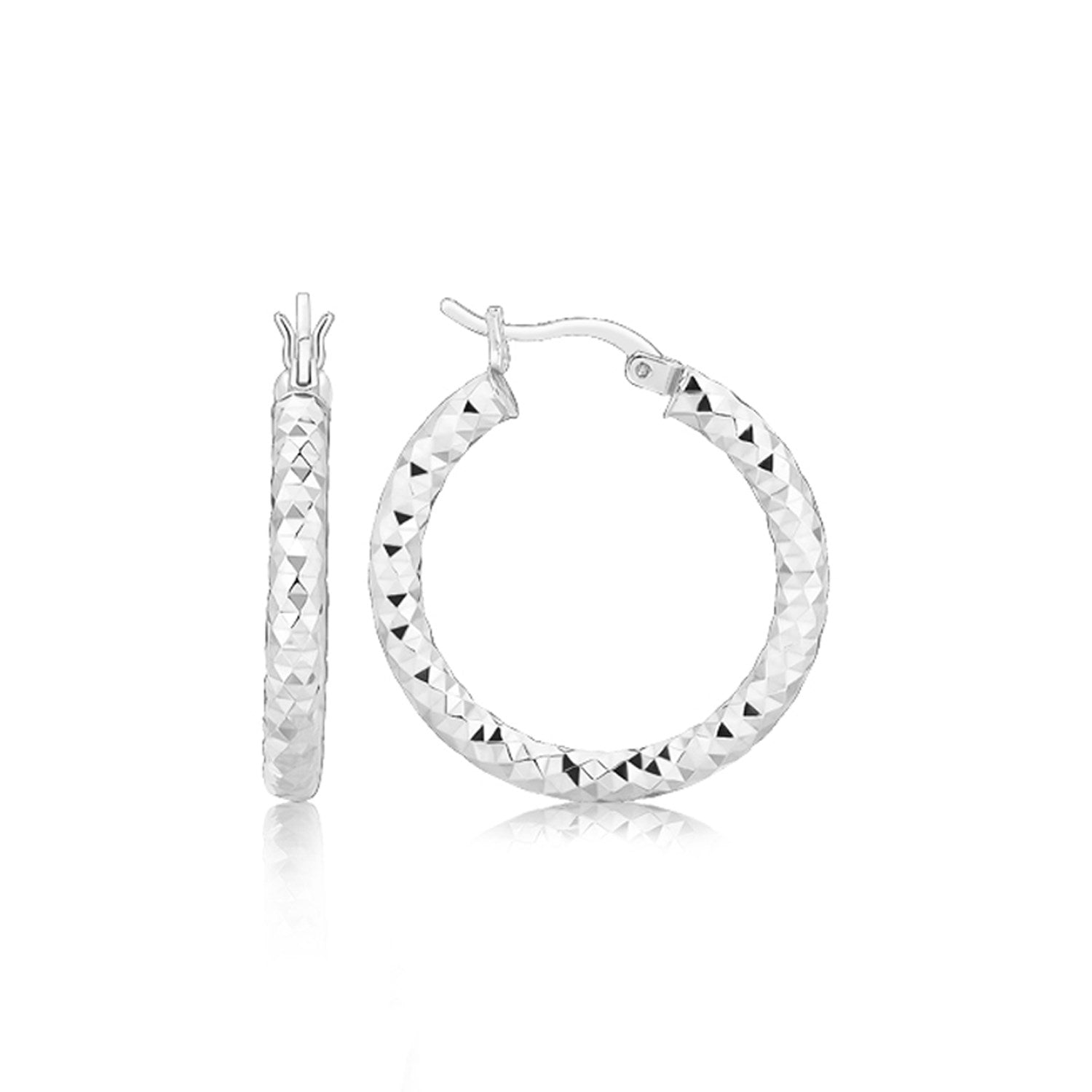 Sterling Silver Faceted Style Hoop Earrings with Rhodium Finishing(3x20mm) RCJ