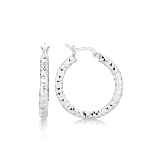 Sterling Silver Faceted Style Hoop Earrings with Rhodium Finishing(3x20mm) RCJ