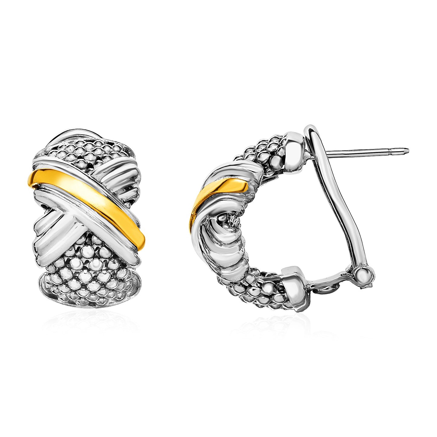 Popcorn Texture Earrings with X Motif in Sterling Silver and 18k Yellow Gold RCJ