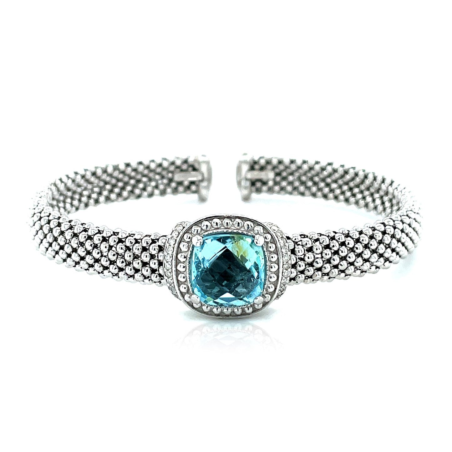 Popcorn Texture Cuff Bangle with Blue Topaz and Diamonds in Sterling Silver (8.00 mm) RCJ