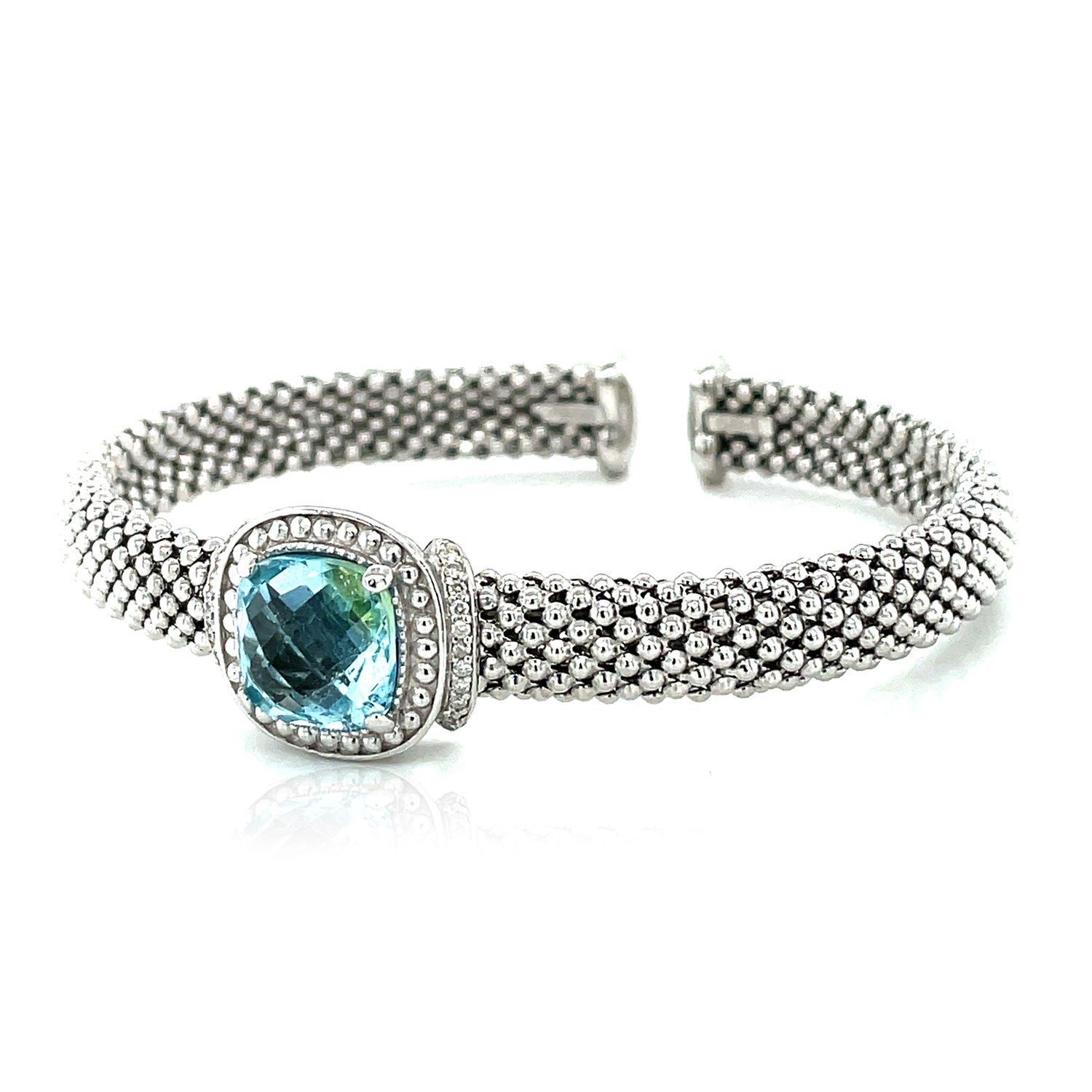 Popcorn Texture Cuff Bangle with Blue Topaz and Diamonds in Sterling Silver (8.00 mm) RCJ