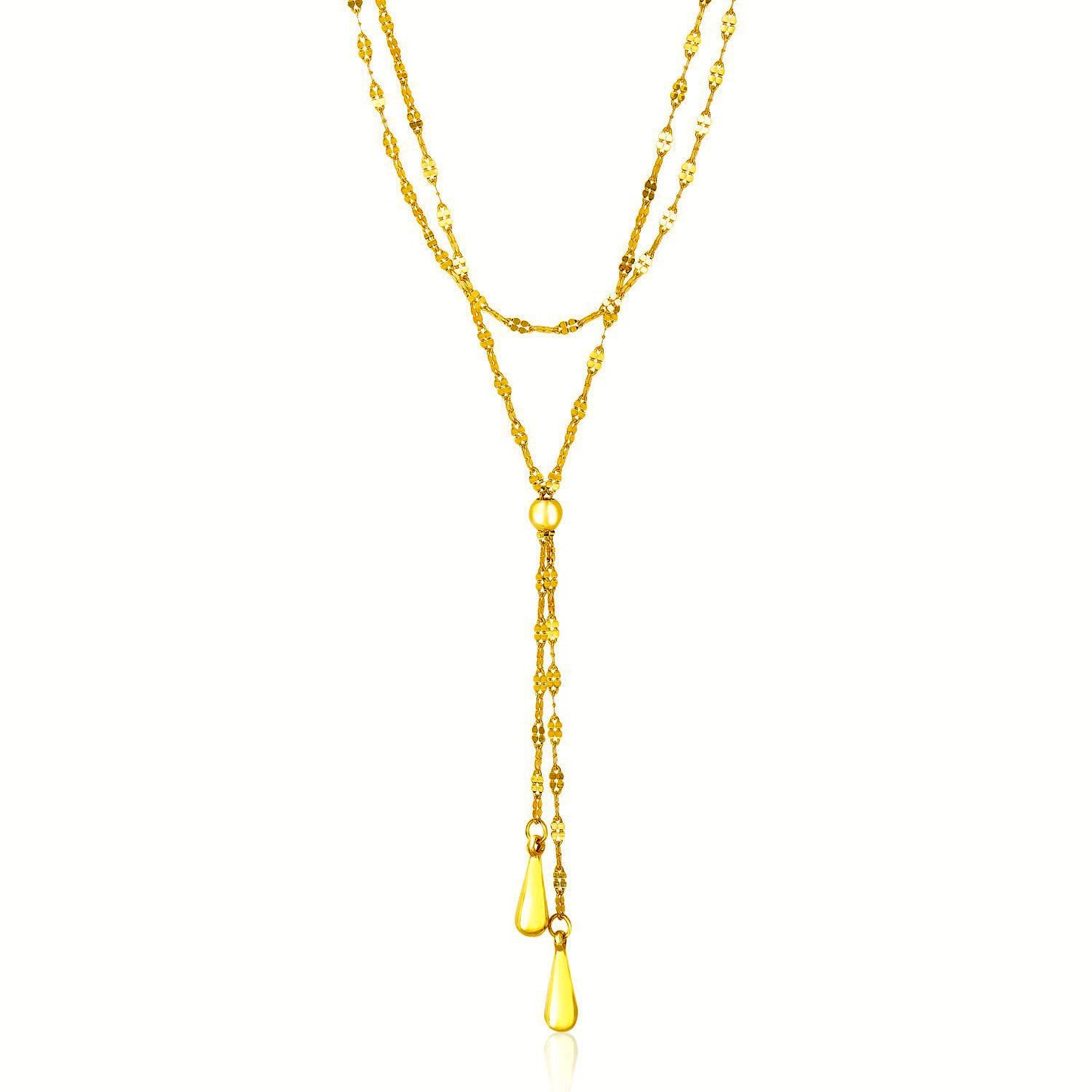 14k Yellow Gold Double Strand Chain with Puffed Heart Lariat Necklace RCJ