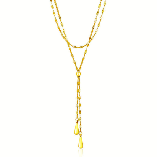 14k Yellow Gold Double Strand Chain with Puffed Heart Lariat Necklace RCJ