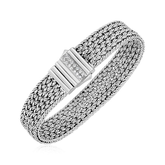 Woven Rope Bracelet with White Sapphire Accented Clasp in Sterling Silver