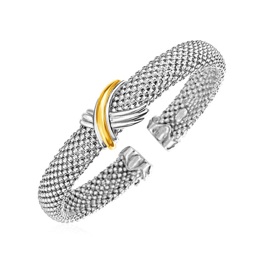 Popcorn Texture Cuff Bangle with X Motif in Sterling Silver and 18k Yellow Gold (10.00 mm) RCJ