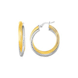 Two Part Textured and Shiny Hoop Earrings in 14k Yellow and White Gold(4x20mm) RCJ