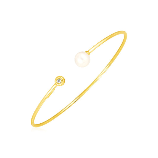 14k Yellow Gold Cuff Bangle with Pearl and Diamond (3.00 mm) RCJ