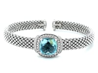 Popcorn Texture Cuff Bangle with Blue Topaz and Diamonds in Sterling Silver (8.00 mm)